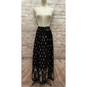 Lapogee Womens 2X Elastic Waist Long Maxi Skirt Black Gold Bohemian Rayon NEW